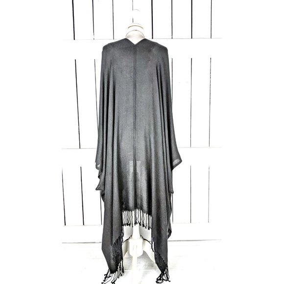 Black solid pashmina kimono cover up fringe jacket - Picture 3 of 4